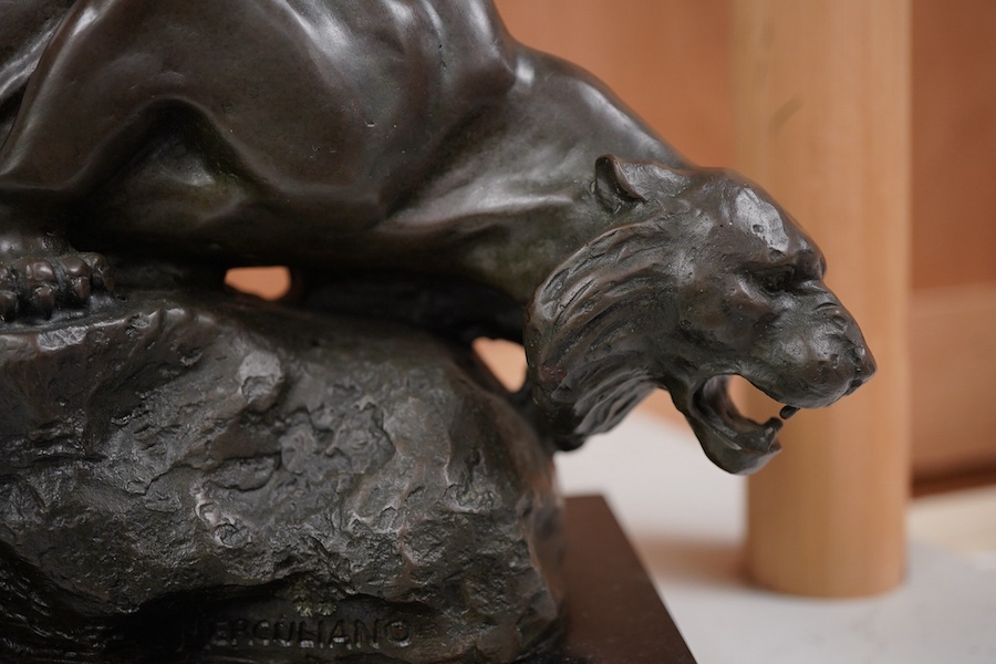 After Giacomo Merculiano, an Art Deco style patinated bronze of a panther, signed, length 30cm